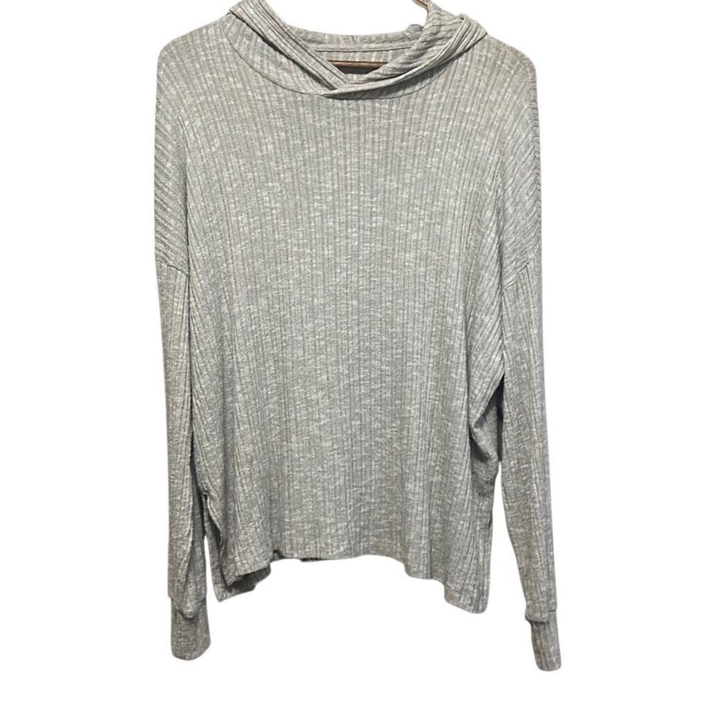American Eagle Gray Ribbed Knit Cowl Neck Long Sleeve Pullover Top